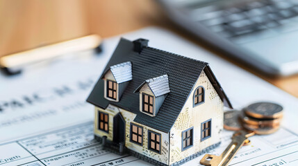 House model with keys and paperwork, symbolizing homeownership, real estate, and financial planning.