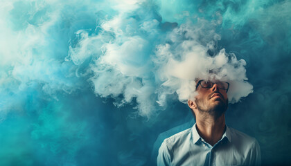 A thoughtful young man with a beard and glasses looks upward as clouds surround his head against a blue background, symbolizing imagination and thinking.