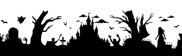 Fototapeta premium Halloween seamless panorama with halloween silhouette of cemetery elements for holiday background