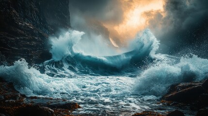 Fototapeta premium Dramatic ocean wave crashing against rocks under a vibrant sky, showcasing the power and beauty of nature during sunset.