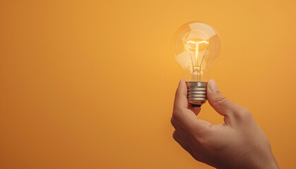 A hand holding a glowing light bulb against a vibrant orange background, symbolizing ideas, innovation, and creativity.