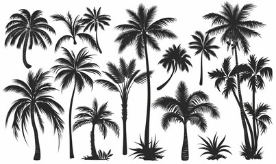Illustration of coconut trees. Black and white illustration of silhouettes of palms. Tropical plants. Tattoo.