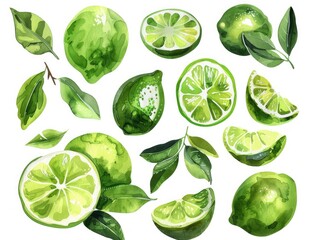 Watercolor Illustration of Limes and Leaves