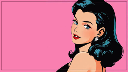 Retro pinup style cartoon of a beautiful smiling woman with black hair on pink background 16:9