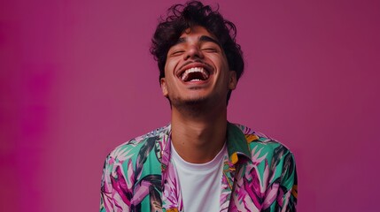 Picture a young Brazilian man in trendy clothes, set against a vibrant purple background, laughing dynamically with a spirited and joyful demeanor