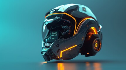 Isolated on an aqua background a futuristic helmet design with orange glowing lights