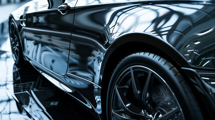 A shiny black car with a chrome wheel