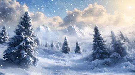 Fototapeta premium Snowy mountain landscape with pine trees and falling snow.