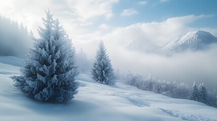 Fototapeta premium Snow-covered pine trees in a misty mountain landscape.