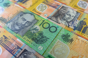 50 100 Australian currency banknotes. Aussie currency, finance concept