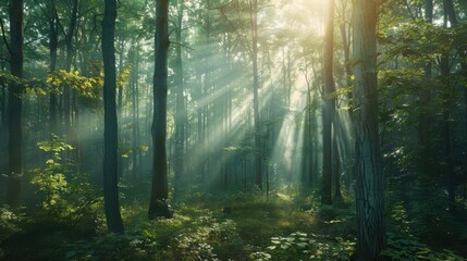 Obraz premium Dense forest with sunlight streaming through the trees, creating a serene and enchanting atmosphere