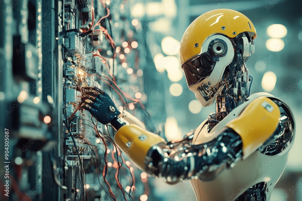 Poster robot construction worker, advanced mechanized system assembling electrical circuits, smart building