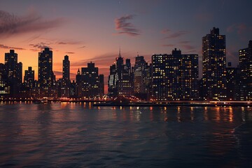 Fototapeta premium Stunning City Skyline at Dusk with Twinkling Lights and Vibrant Sunset Colors