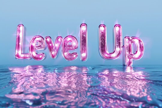 Glowing Neon 'Level Up' Sign Submerged in Liquid with Vibrant Reflections