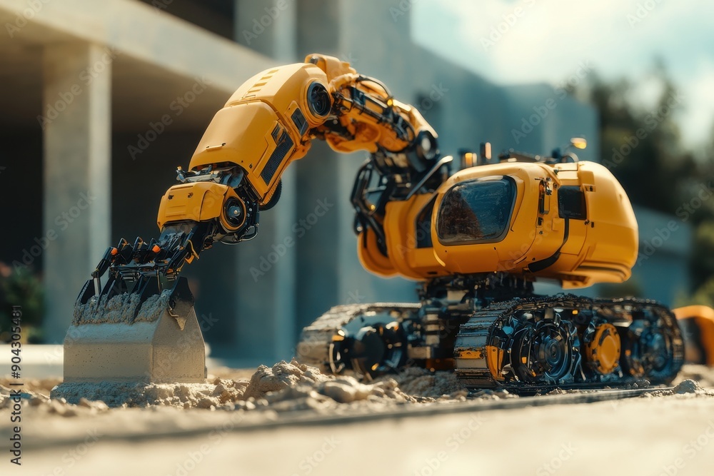 Poster robot worker in action, a powerful robot skillfully operates a cement mixer, pouring concrete to cre