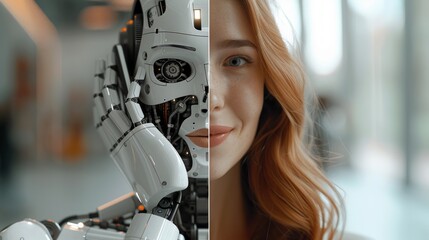 Fototapeta premium Humanoid Robot and Woman: A Fusion of Technology and Humanity