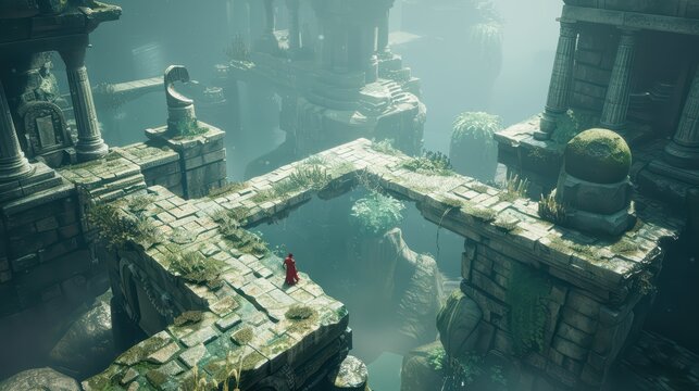 A serene moment in a puzzle game, featuring intricate designs and a player character working to solve a complex riddle
