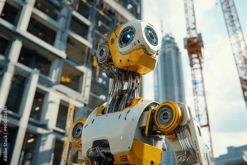 Poster robot construction worker, advanced robotic machine skillfully operating a crane, actively engaged i