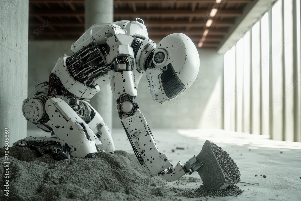 Aufkleber robot builder, a robotic machine efficiently mixing advanced construction materials in an open space
