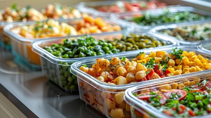 Obraz premium A variety of colorful salads in clear containers. Fresh, healthy food choices for lunch or dinner. Perfect for a catering service or buffet.