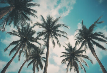 Obraz premium Blue sky and palm trees view from below vintage style tropical beach and summer background travel co