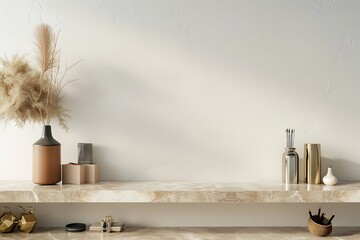 Beige marble table with office accessories and shelf on white wall, 3D render, cinematic style, high resolution, intricate details, sharp focus.