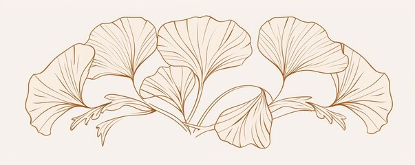 A botanical representation of the Ginkgo biloba flower, a hand drawn line wedding herb, elegant leaves for save the date invitations.