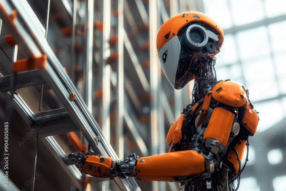 Poster robot construction worker, automated robot efficiently assembling scaffolding in a spacious construc