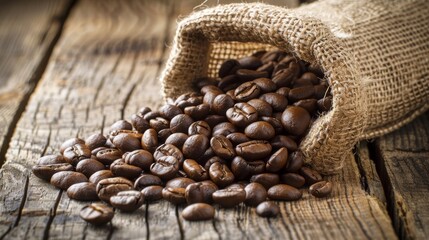 Rustic Burlap Sack with Fresh Coffee Beans Spilling on Weathered Wooden Table - Natural and Raw Aesthetic
