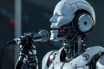 Fototapeta premium a cybernetic AI human singing into a microphone 