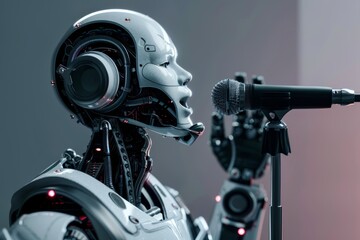 a cybernetic AI human singing into a microphone 