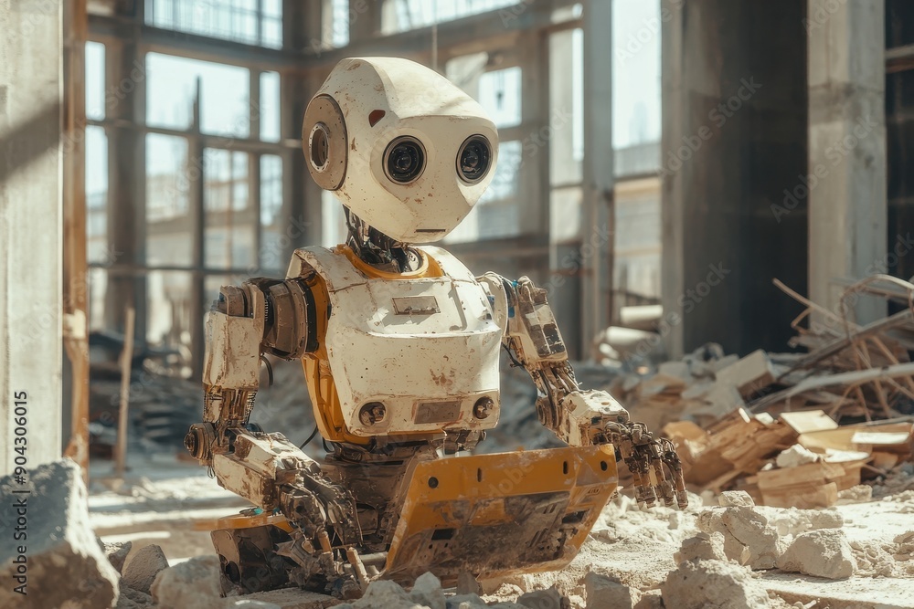 Poster robot construction worker, automated machine efficiently clearing debris on a construction site, enh