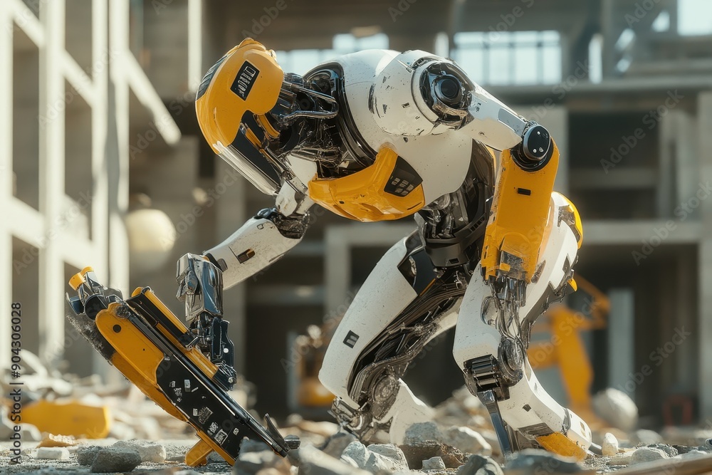 Poster robot laborer, automated machine efficiently removing debris from a construction site, enhancing cle