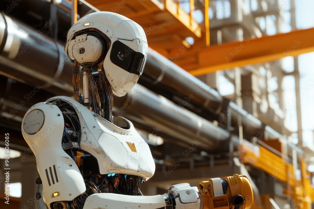 Poster autonomous robot construction worker, innovative robotic technology managing heavy pipes, enhancing 
