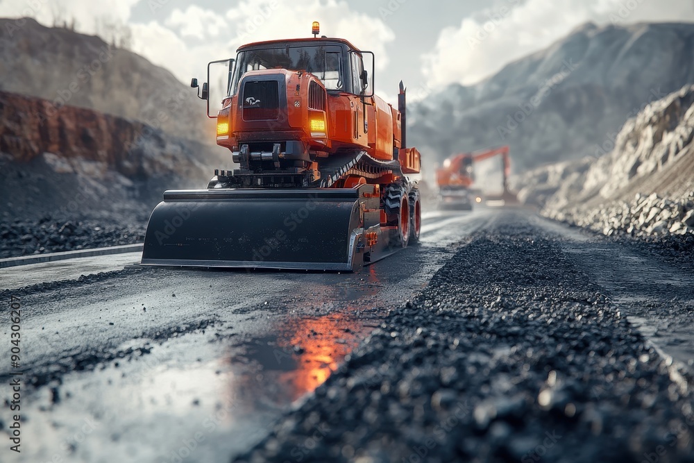 Poster autonomous road paving robot, innovative construction technology at work, efficiently laying asphalt