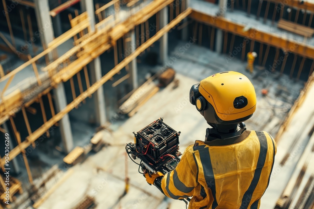 Poster drone-assisted robot surveying a construction site, innovative technology enhancing site management,