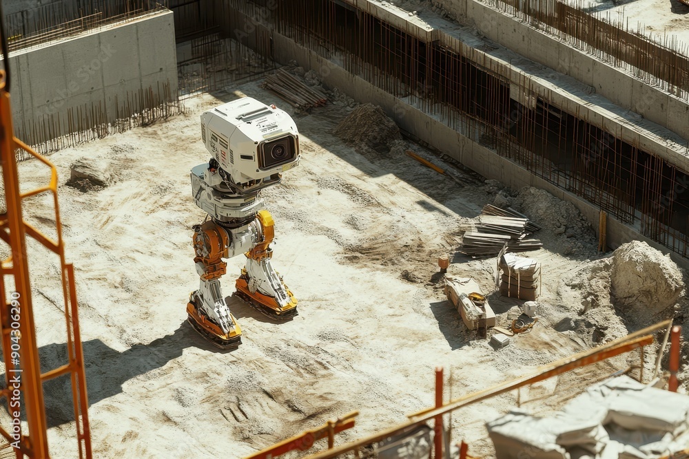 Poster drone-assisted robot surveying a construction site, showcasing advanced technology in site managemen