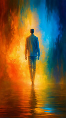 Obraz premium Abstract human silhouette, soul, spirit walks into another life energy world. Colourful background with mysterious, fantasy space, spiritual light