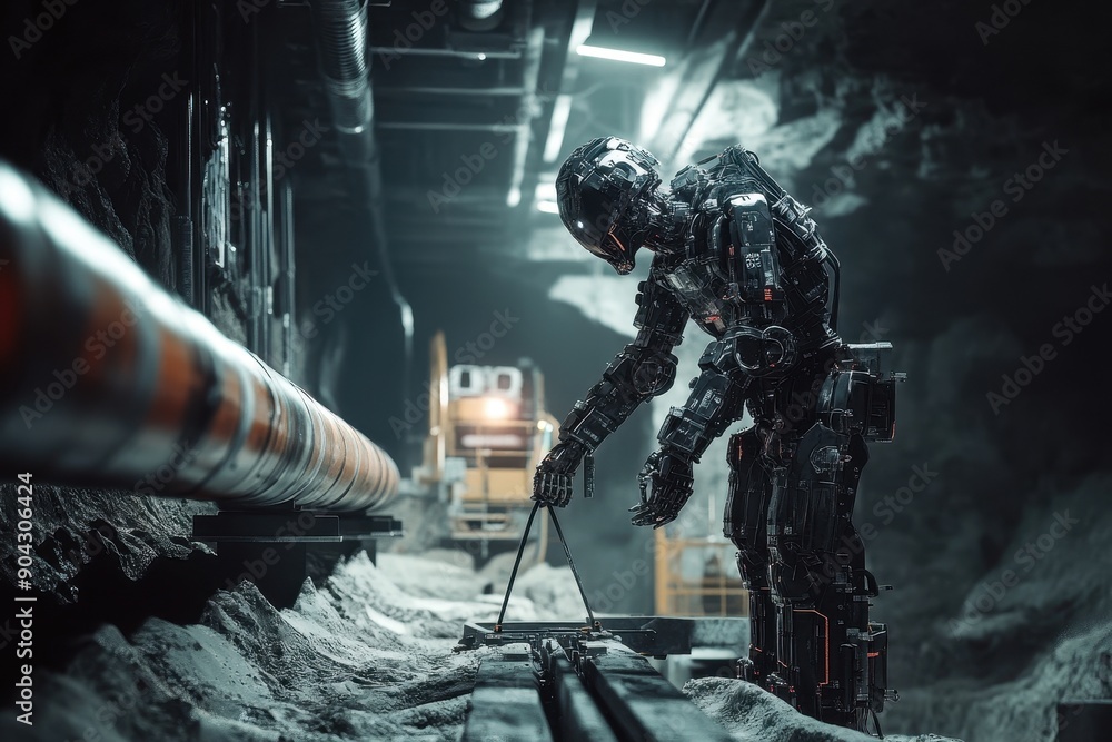 Aufkleber exoskeleton robot lifting pipes at underground construction site, showcasing advanced engineering in