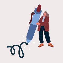 Vector illustration of woman holding big pencil and written down