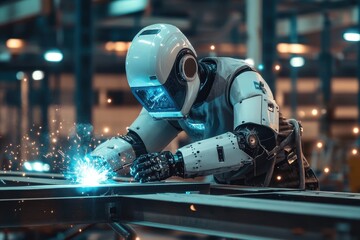 Humanoid Robot Welder, An advanced robot skillfully welding steel beams in a spacious, high-tech industrial environment, showcasing innovation in construction technology.