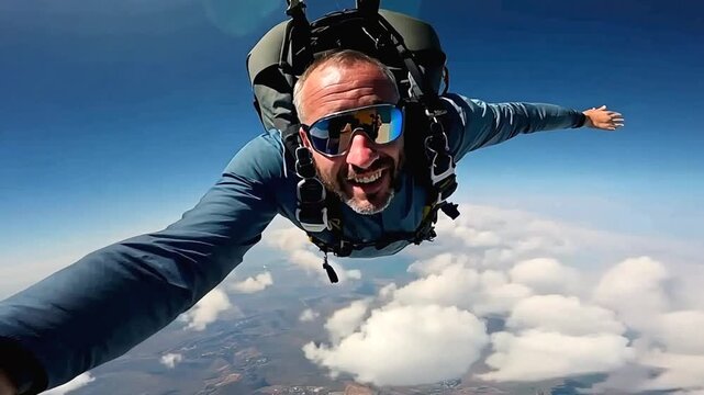 Mature man skydiving filming selfie