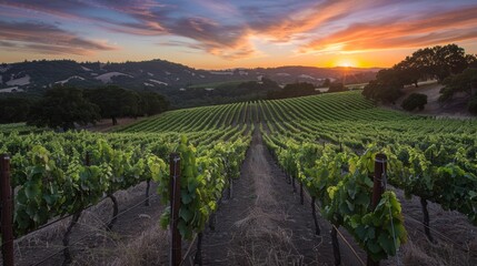 Naklejka premium Golden Sunset Over Lush Vineyard Rows: Capturing Nature's Beauty in Wine Country