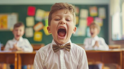 Obraz premium Young and cute boy student, little male child wearing a white shirt with a bow, screaming from happiness in a classroom