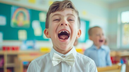 Young and cute boy student, little male child wearing a white shirt with a bow, screaming from happiness in a classroom