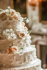 Elegant white wedding cake decorated with delicate flowers.
