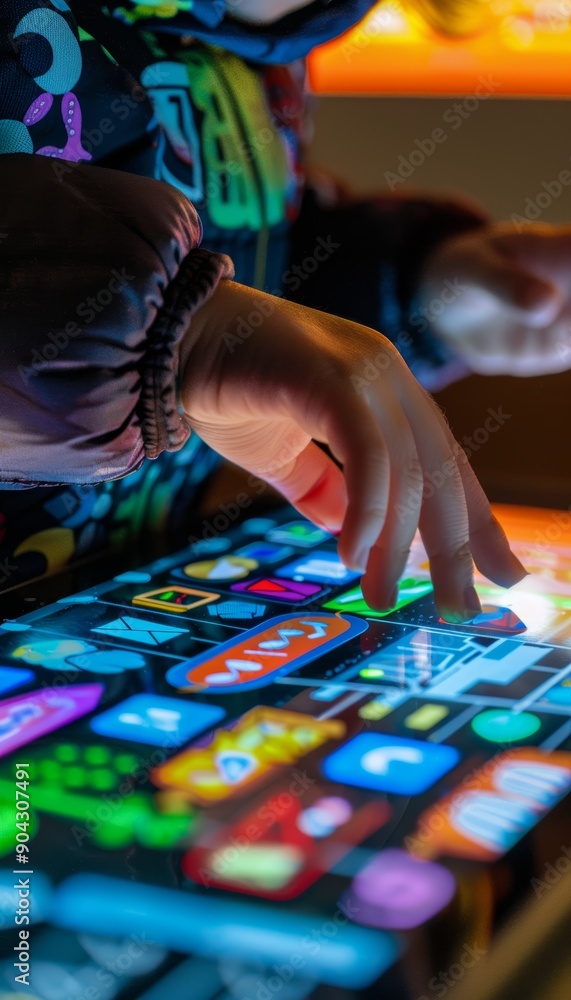 Poster child coding on tablet with colorful graphics - technology education concept for kids