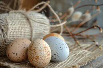 Obraz premium Three speckled Easter eggs on burlap with twine and branches.