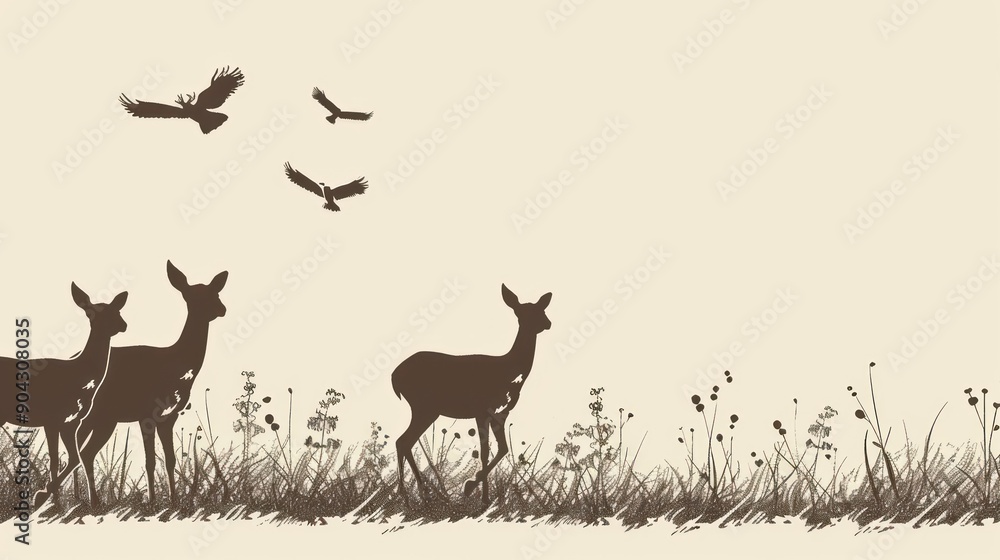 Sticker Silhouette of Deer and Birds in Grass.