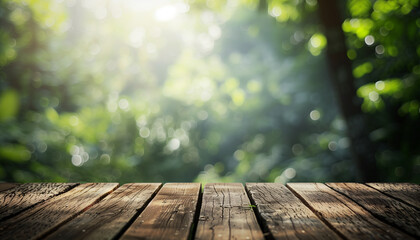Sunlight filters through lush green trees casting dappled light on a wooden deck, creating a serene and tranquil forest atmosphere.